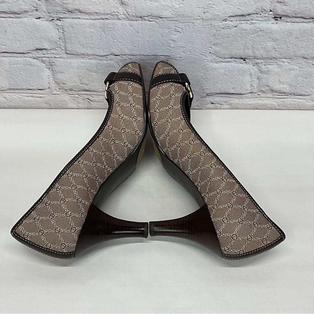 Etienne Aigner Copa Pumps Woman’s 10 Logo Fabric Lether Upper Peep Toe Career - Picture 7 of 11